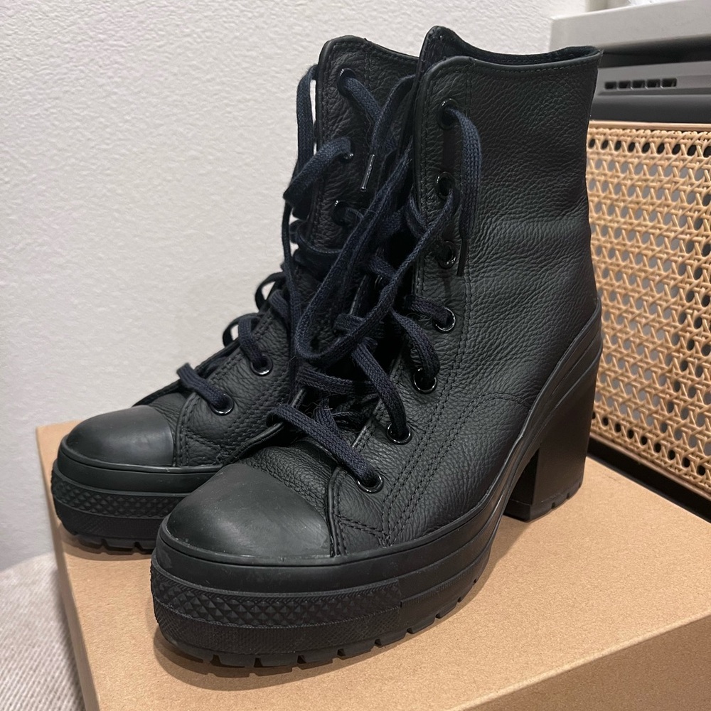 Converse Women's Black Leather Lace-Up Heeled Boots
